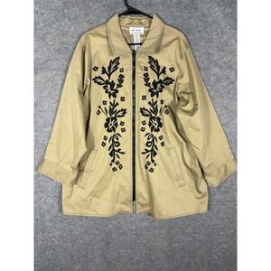 Linea Tan Zip Up‎ Jacket Embroidered Floral Embellished Women's
